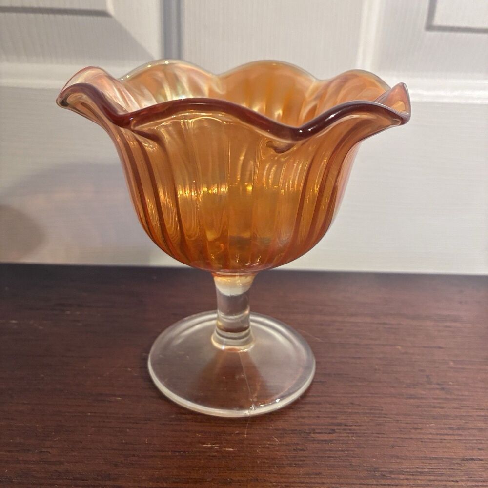 Carnival Glass Orange Marigold Scalloped Ribbed  Dish. 5” Tall, 5” Across, stem